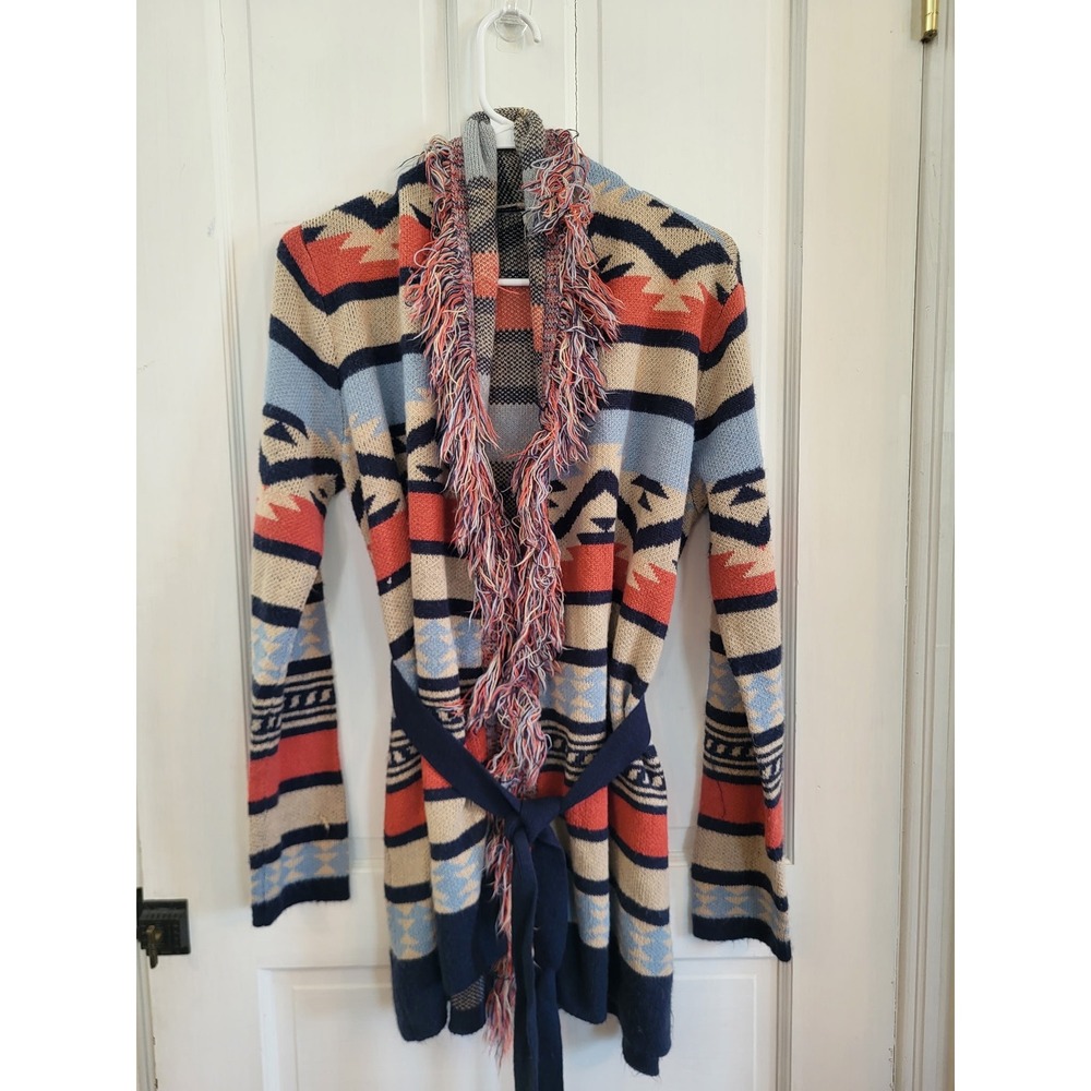 Margaux & Ellie Womens Southwestern Fringe Belted Cardigan Sweater Blue Orange S
